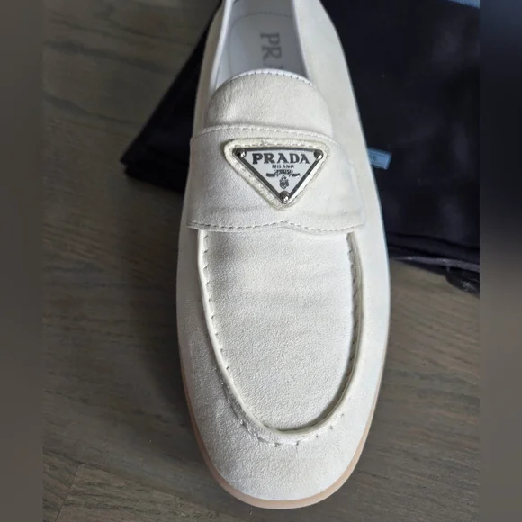 $1,190 Prada Triangle Logo Suede Loafers White EU 38 US 8 BNIB - Picture 11 of 13